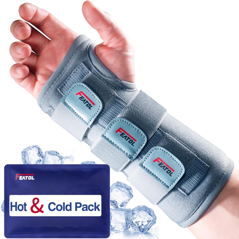 FEATOL Carpal Tunnel Wrist Brace Adjustable Hand Night Sleep Support Brace Removable Metal Wrist Splint HotIce Pack Right Hand SmallMedium for Men Women Relieve and Treat Pain